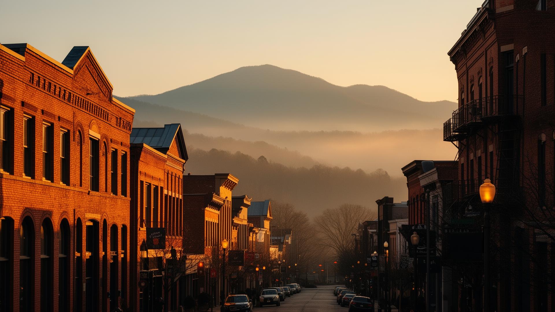Downtown Asheville, North Carolina at golden hour with the Blue Ridge Mountains in the background